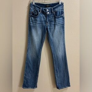 Buckle Black Womens Jeans Size 28 EXTRA LONG Blue Mid Rise Bootcut Stretch Denim